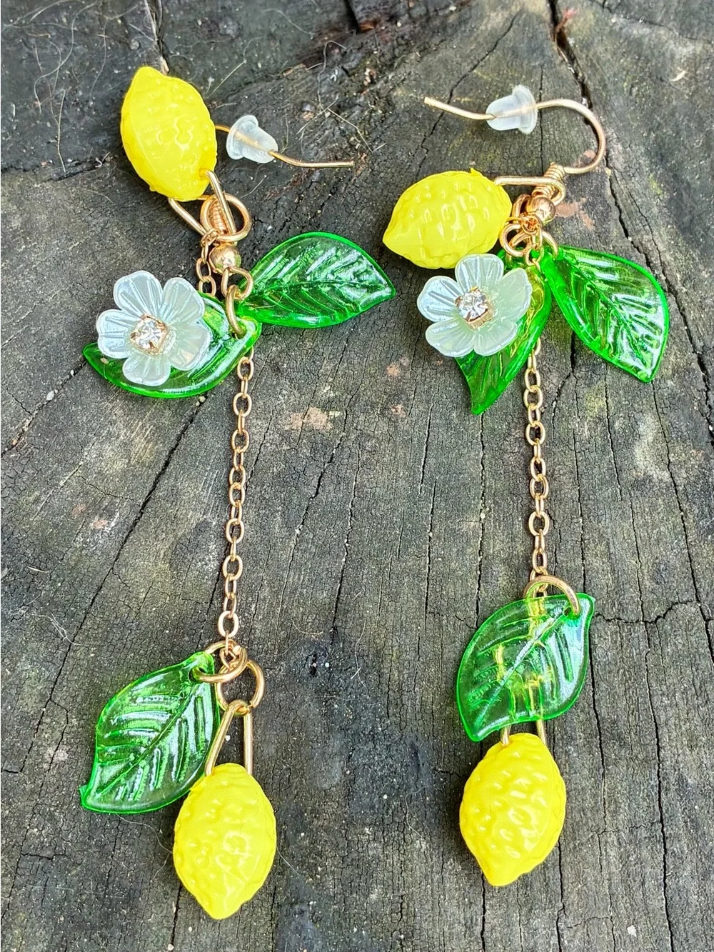 🍋 Citrus Yellow Lemon Drop Dangle Earrings with CZ, Green Leaf & Flower Accents